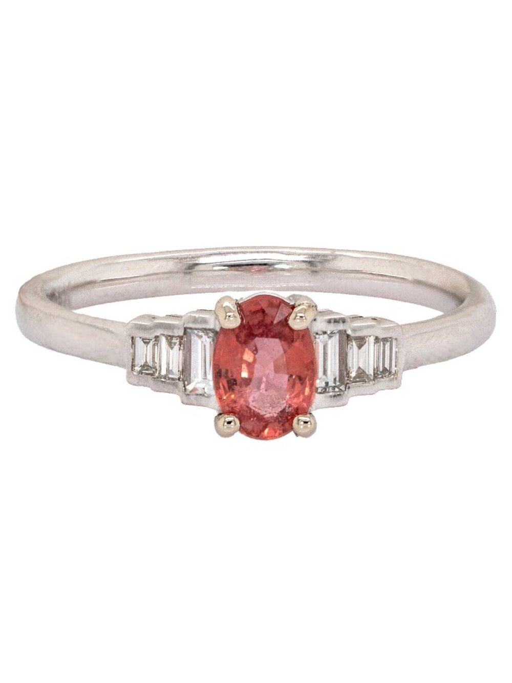 Ceylon Padparadscha Sapphire Ring in Solid 14K White Gold with Baguette Diamonds
